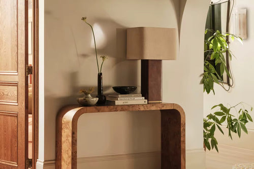 Burkin Foyer Console in natural matte burl veneer — a sculptural, minimalist console that blends organic texture with timeless modern elegance.