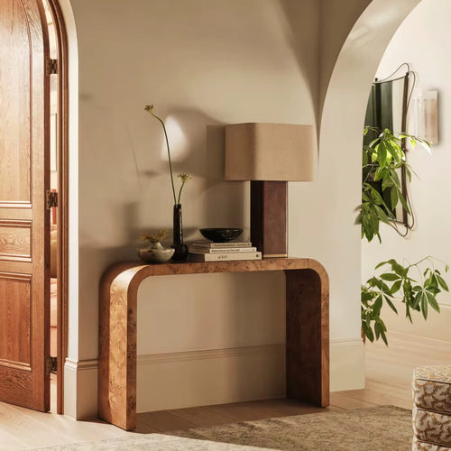 Burkin Foyer Console in natural matte burl veneer — a sculptural, minimalist console that blends organic texture with timeless modern elegance.