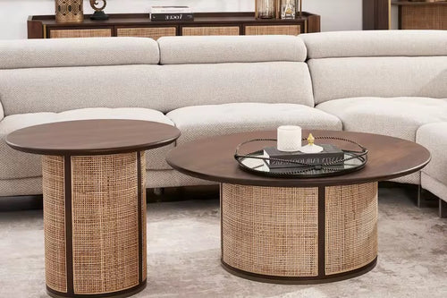 The Darren Coffee Table Set embodies understated luxury — where earthy craftsmanship meets modern living. Explore this teak and rattan coffee table online in India for a touch of timeless natural elegance.