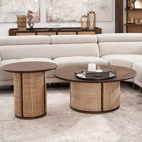 The Darren Coffee Table Set embodies understated luxury — where earthy craftsmanship meets modern living. Explore this teak and rattan coffee table online in India for a touch of timeless natural elegance.