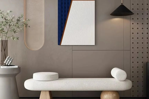 Japandi boucle bench with sculptural base