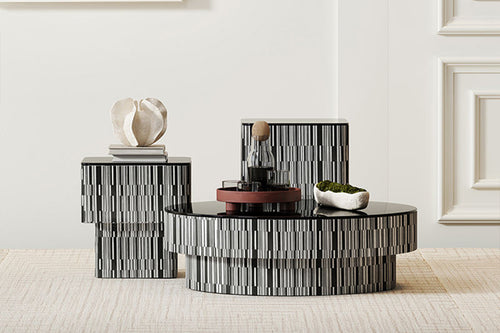 Douglas accent tables, highlighting their sculptural centerpiece