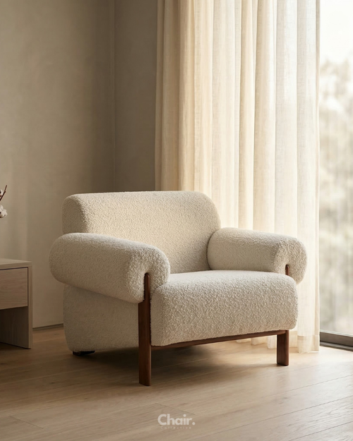Beige Accent Chair with Wooden Arm