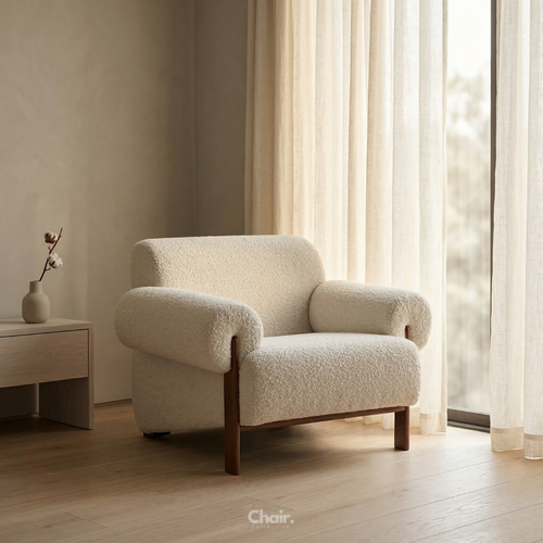 Beige Accent Chair with Wooden Arm