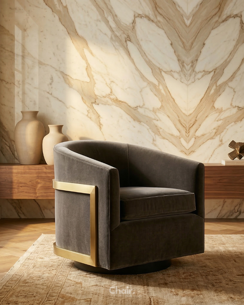 Gray armchair with gold accents and swivel mechanism