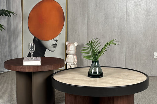 Bring home the Anca Japandi Travertine Coffee Table Set, designed for those who prefer soft minimalism blended with luxury materials. This set of two nesting tables features a natural travertine top, matte PU border, and warm wooden base—perfect for styling modern Indian living rooms. Ideal for anyone looking to buy Japandi coffee tables online, luxury nesting tables, or designer stone-top coffee tables.