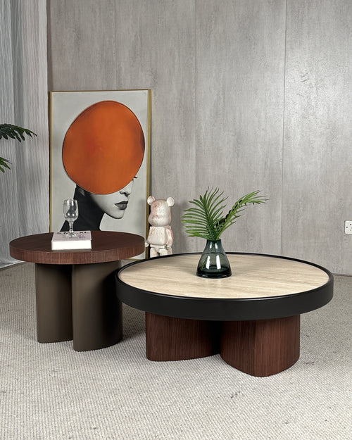 Bring home the Anca Japandi Travertine Coffee Table Set, designed for those who prefer soft minimalism blended with luxury materials. This set of two nesting tables features a natural travertine top, matte PU border, and warm wooden base—perfect for styling modern Indian living rooms. Ideal for anyone looking to buy Japandi coffee tables online, luxury nesting tables, or designer stone-top coffee tables.