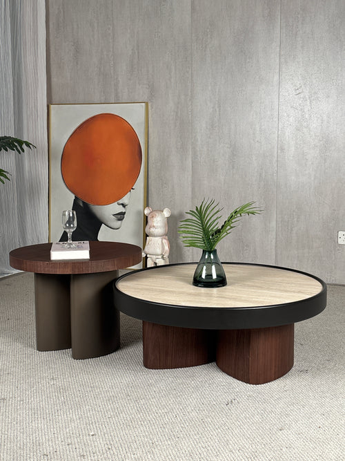 Bring home the Anca Japandi Travertine Coffee Table Set, designed for those who prefer soft minimalism blended with luxury materials. This set of two nesting tables features a natural travertine top, matte PU border, and warm wooden base—perfect for styling modern Indian living rooms. Ideal for anyone looking to buy Japandi coffee tables online, luxury nesting tables, or designer stone-top coffee tables.