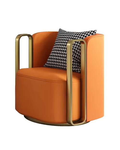 Side view of orange armchair with gold frame 