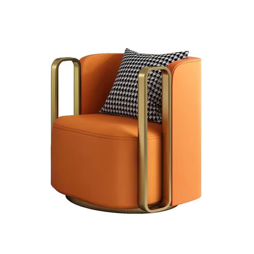 Side view of orange armchair with gold frame 
