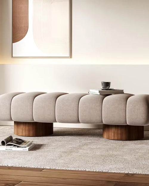 Beige Ottoman with cylindrical wooden legs