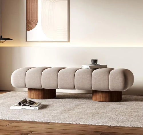 Beige Ottoman with cylindrical wooden legs