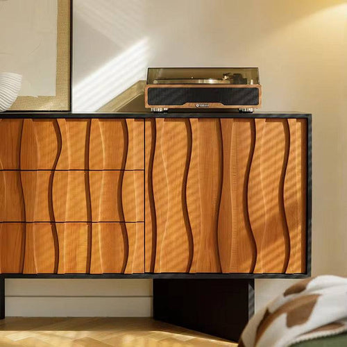 Wavy wood cabinet with matte black base.