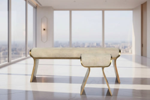 Benetton Luxury Ottoman with suede seating and PVD stainless-steel frame. A modern designer bench available in custom sizes and pouf variation. luxury ottoman online, designer ottoman bench, suede ottoman seating, PVD frame furniture, stainless steel furniture design, modern ottoman India, collectible furniture, premium pouf seating