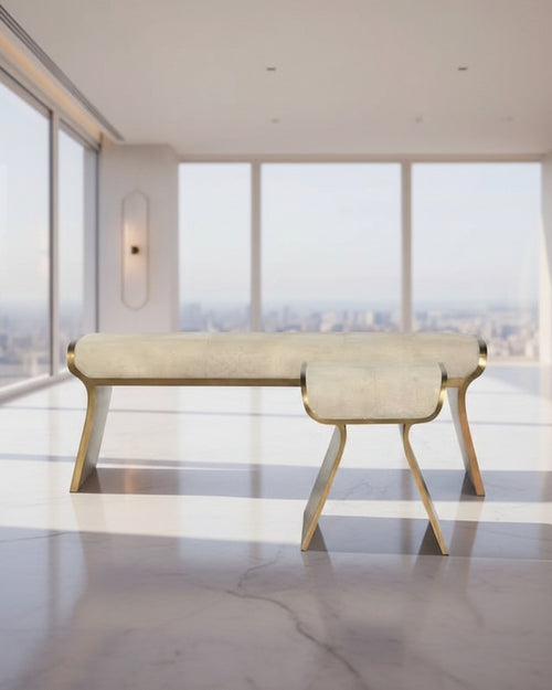 Benetton Luxury Ottoman with suede seating and PVD stainless-steel frame. A modern designer bench available in custom sizes and pouf variation. luxury ottoman online, designer ottoman bench, suede ottoman seating, PVD frame furniture, stainless steel furniture design, modern ottoman India, collectible furniture, premium pouf seating