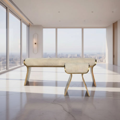 Benetton Luxury Ottoman with suede seating and PVD stainless-steel frame. A modern designer bench available in custom sizes and pouf variation. luxury ottoman online, designer ottoman bench, suede ottoman seating, PVD frame furniture, stainless steel furniture design, modern ottoman India, collectible furniture, premium pouf seating