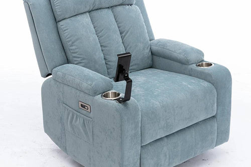 Blue Cuban velvet recliner chair with cup holder and storage