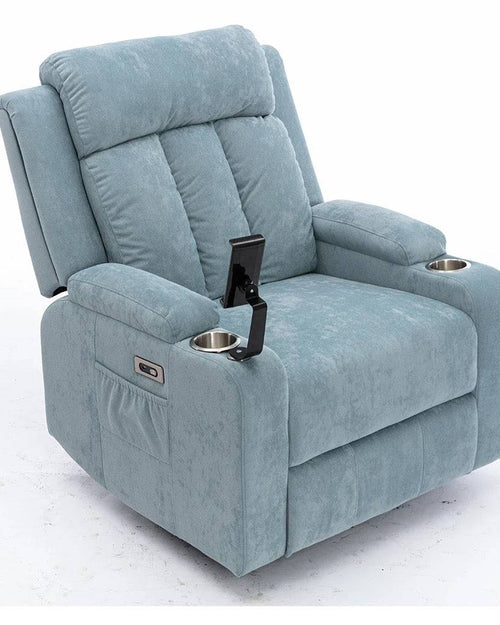 Blue Cuban velvet recliner chair with cup holder and storage