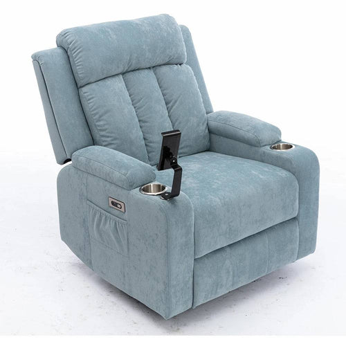 Blue Cuban velvet recliner chair with cup holder and storage