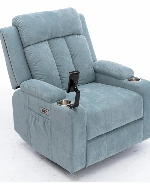 Blue Cuban velvet recliner chair with cup holder and storage
