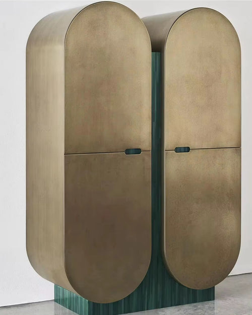 Bridgeton Luxury Console with recon veneer and gold-foiled shutters. A collectible furniture piece for modern homes — use as a bar, storage unit, or premium console. Luxury Console Table online is one of a kind. 