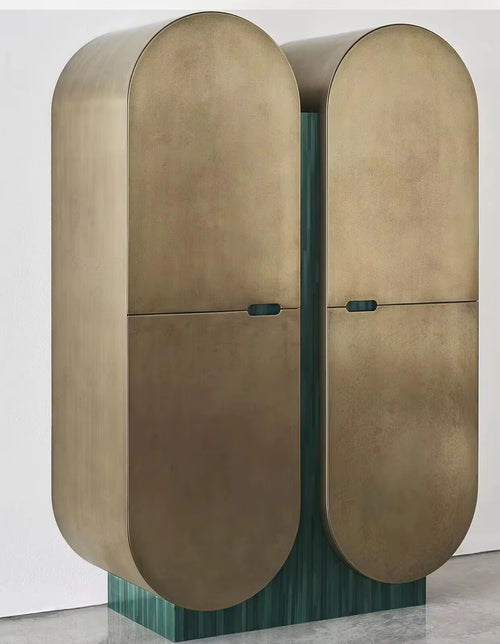 Bridgeton Luxury Console with recon veneer and gold-foiled shutters. A collectible furniture piece for modern homes — use as a bar, storage unit, or premium console. Luxury Console Table online is one of a kind. 