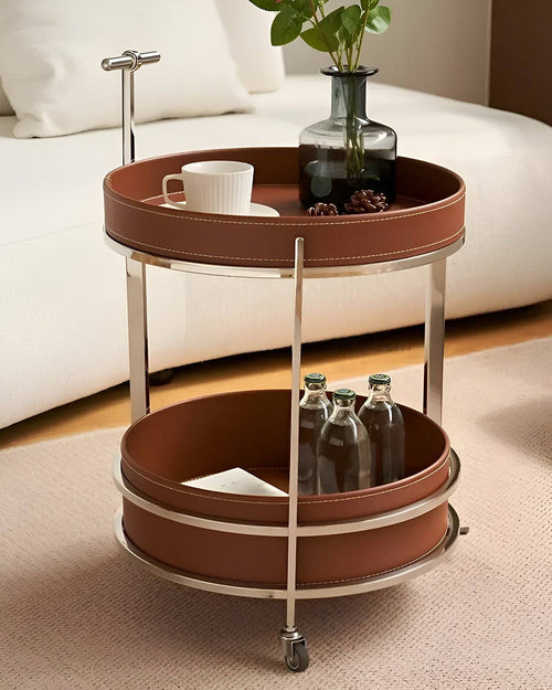 Two-tiered serving cart with brown leather Trolley