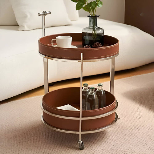 Two-tiered serving cart with brown leather Trolley