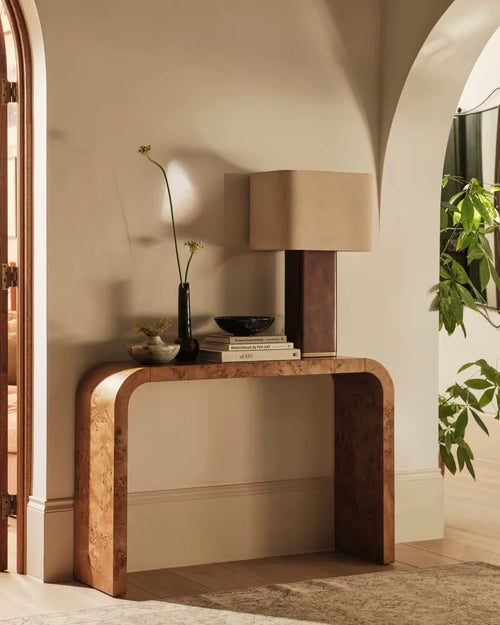 Burkin Foyer Console in natural matte burl veneer — a sculptural, minimalist console that blends organic texture with timeless modern elegance.