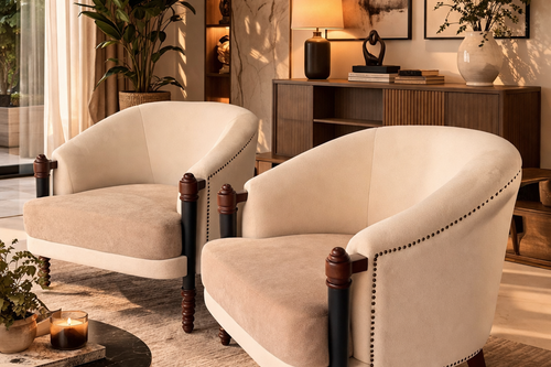 Discover the Cedar Accent Chair by Chair Collective. A contemporary accent chair with solid teak wood arms and legs, paired with modern upholstery for timeless comfort and durability.