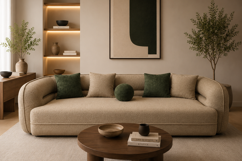 A luxury curved sofa designed with thick sculptural forms, plush comfort, and modern elegance for contemporary interiors.