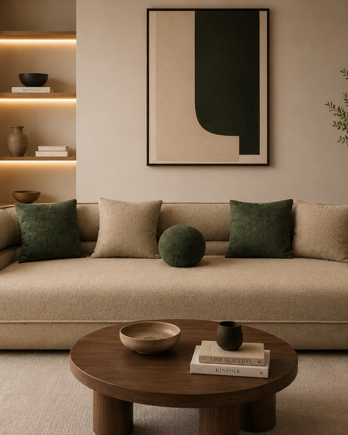 A luxury curved sofa designed with thick sculptural forms, plush comfort, and modern elegance for contemporary interiors.