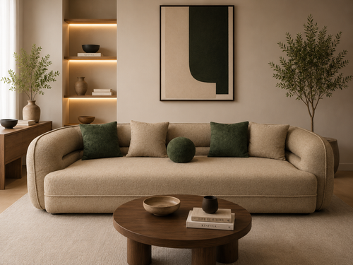 A luxury curved sofa designed with thick sculptural forms, plush comfort, and modern elegance for contemporary interiors.