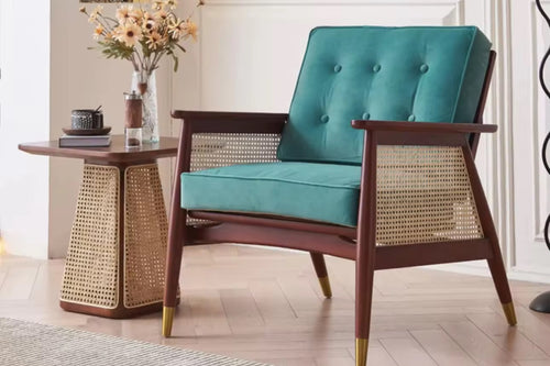 Luxury Wooden accent chair with teak wood, explore this chair for a modern interior style. Rattan, Gold, Teak and Upholstery make this a perfect luxury chair online by chair collective. 