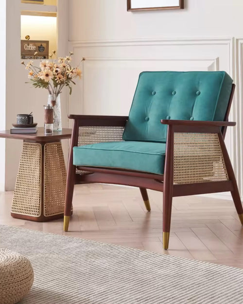 Luxury Wooden accent chair with teak wood, explore this chair for a modern interior style. Rattan, Gold, Teak and Upholstery make this a perfect luxury chair online by chair collective. 