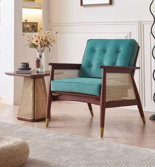 Luxury Wooden accent chair with teak wood, explore this chair for a modern interior style. Rattan, Gold, Teak and Upholstery make this a perfect luxury chair online by chair collective.
