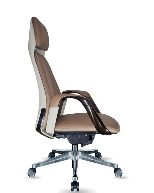 Side profile of brown high back Clint boss chair 