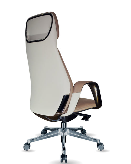 Side rear view of brown Clint boss chair