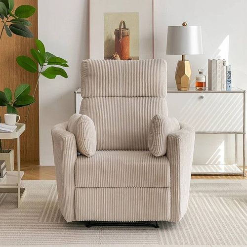 Close-up of striped fabric recliner with round arms