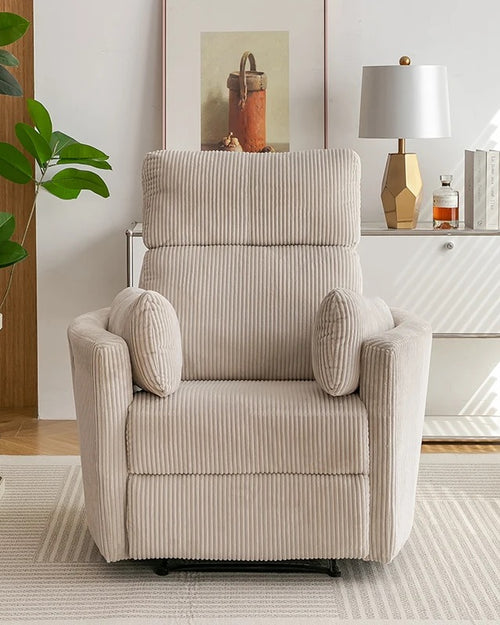 Close-up of striped fabric recliner with round arms