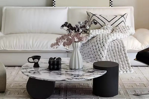 Copenhagen Coffee Table — a modern Japandi-inspired luxury coffee table with marble top and veneer base, crafted to bring elegance and balance to any space.