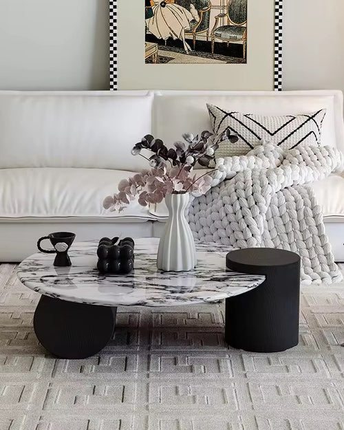 Copenhagen Coffee Table — a modern Japandi-inspired luxury coffee table with marble top and veneer base, crafted to bring elegance and balance to any space.