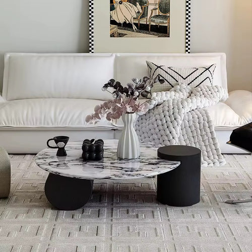 Copenhagen Coffee Table — a modern Japandi-inspired luxury coffee table with marble top and veneer base, crafted to bring elegance and balance to any space.