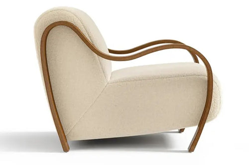 Side view of Corby chair with curved wooden arms