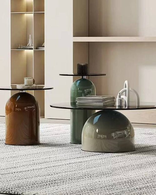 Croillo Table set with unique bases and glass tops