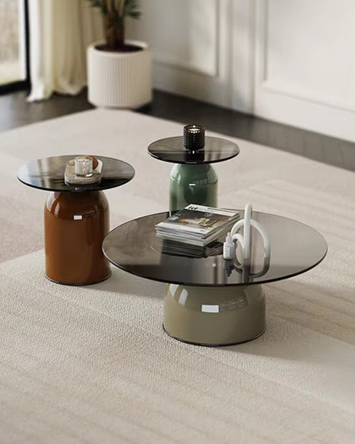 Detail view of three Croillo Tables in varying sizes styled