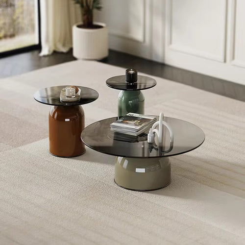 Detail view of three Croillo Tables in varying sizes styled