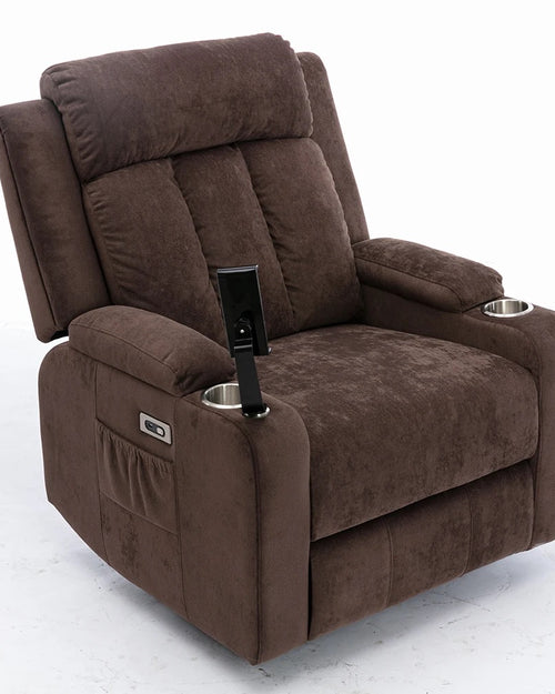 Dark Brown Cuban velvet recliner chair with cup holder and storage