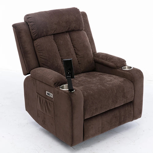 Dark Brown Cuban velvet recliner chair with cup holder and storage