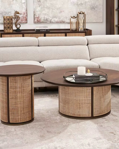 The Darren Coffee Table Set embodies understated luxury — where earthy craftsmanship meets modern living. Explore this teak and rattan coffee table online in India for a touch of timeless natural elegance.